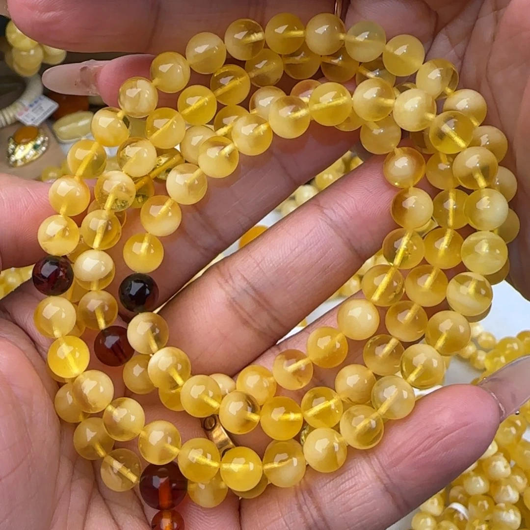 手串蜜蜡未镶嵌金绞白佛珠