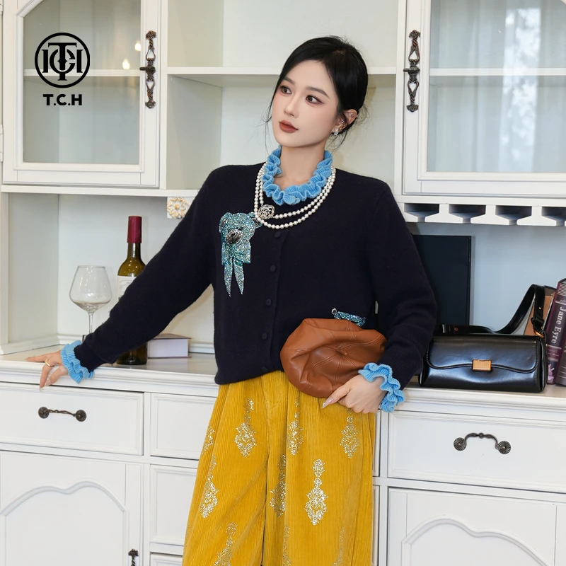 TCH【纯羊毛】秋冬时尚烫钻休闲风淑女藏青色针织开衫T75C43E5039