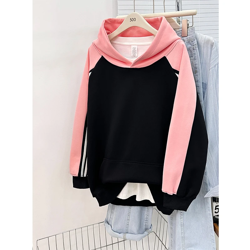 三条杠插肩撞色连帽卫衣女秋冬2025新款潮牌百搭大码套头帽衫外套