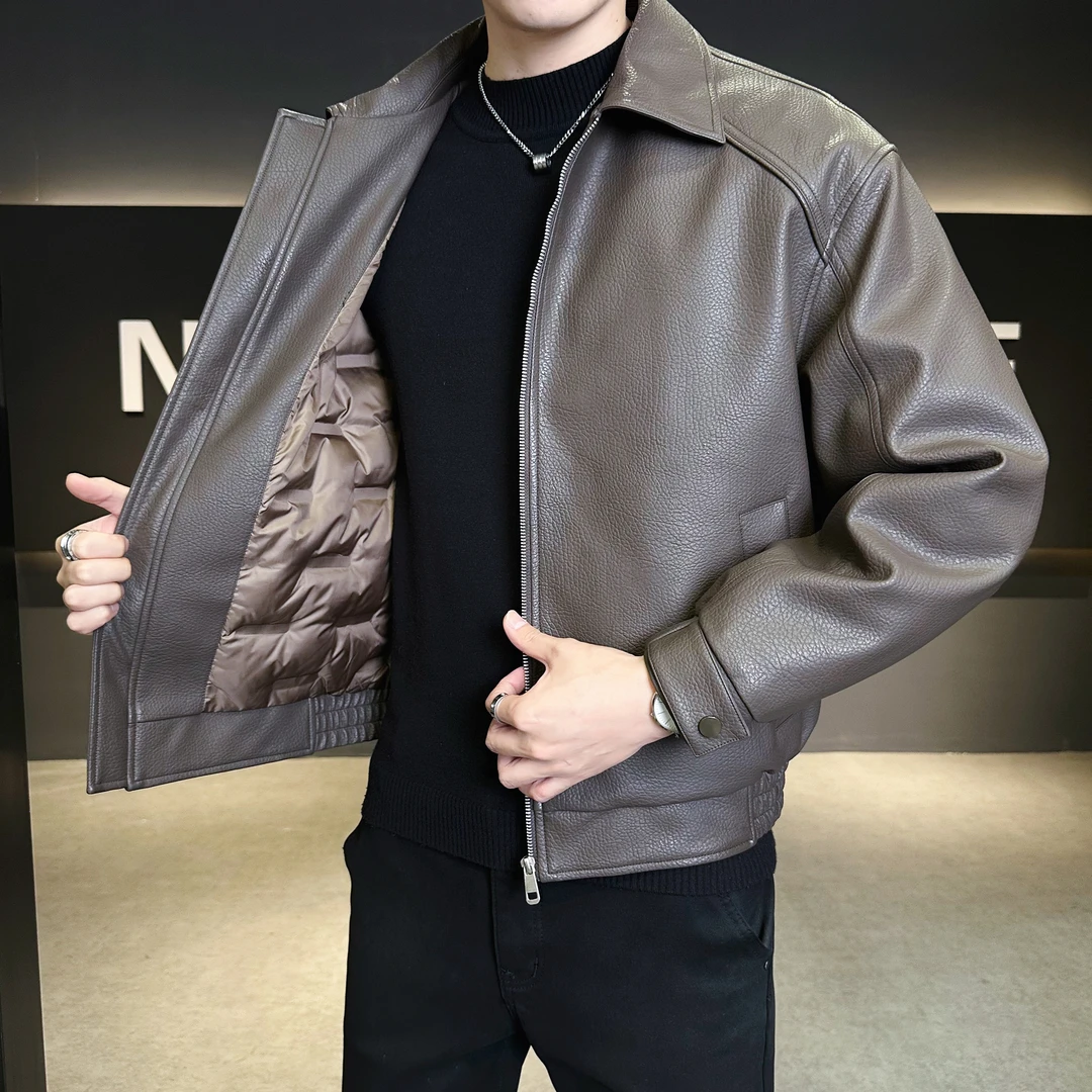 高级感90绒高品质皮衣羽绒服男冬季新款宽松百搭短款加厚翻领外套