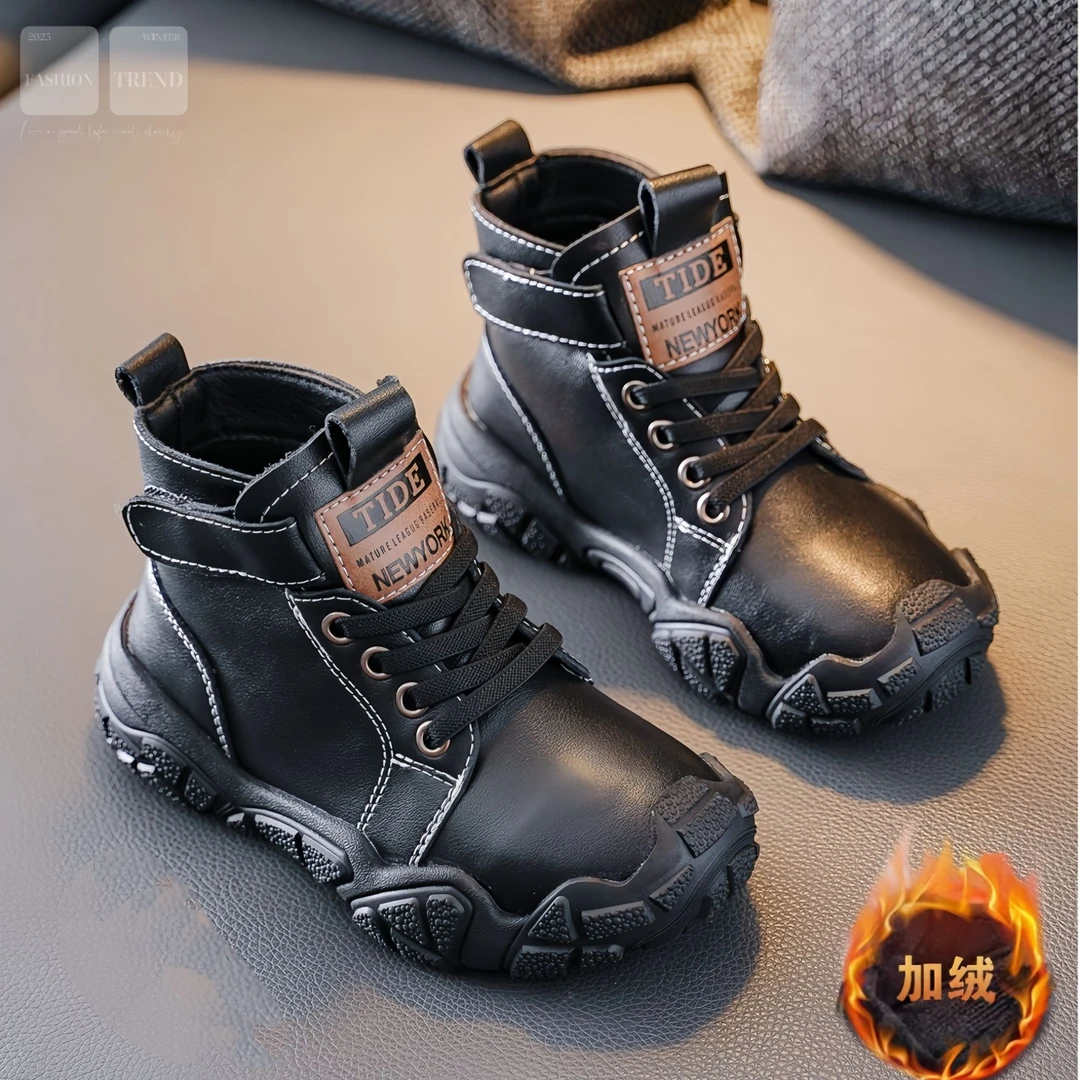 儿童马丁靴2024洋气新款冬季加绒6-12岁宝宝男童真皮靴子软底大童