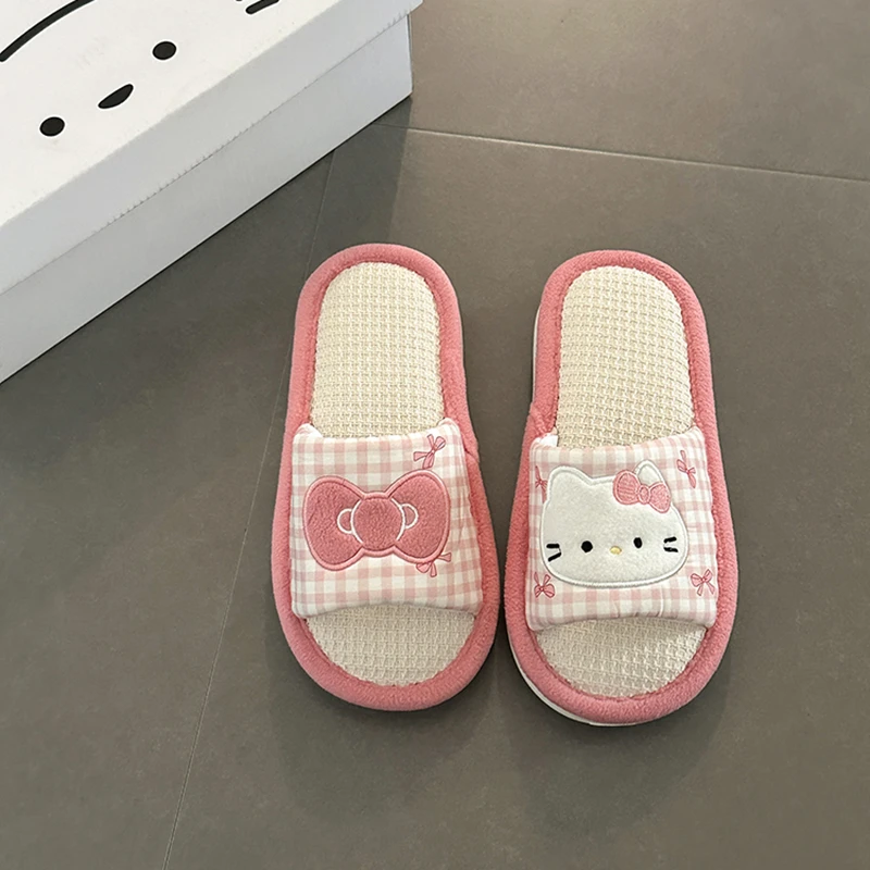 可爱卡通少女心格子蝴蝶结一字鞋女2025秋冬新款舒适家居拖地板鞋