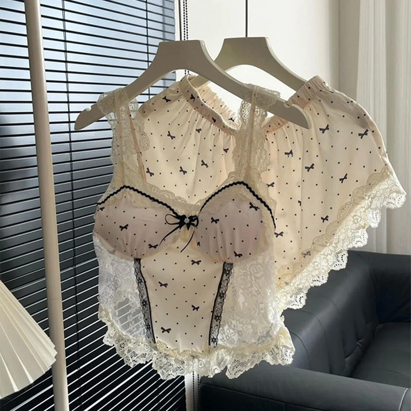 Baldauren2025新款甜美蕾丝边冰丝睡衣女夏季纯欲性感吊带短裤家