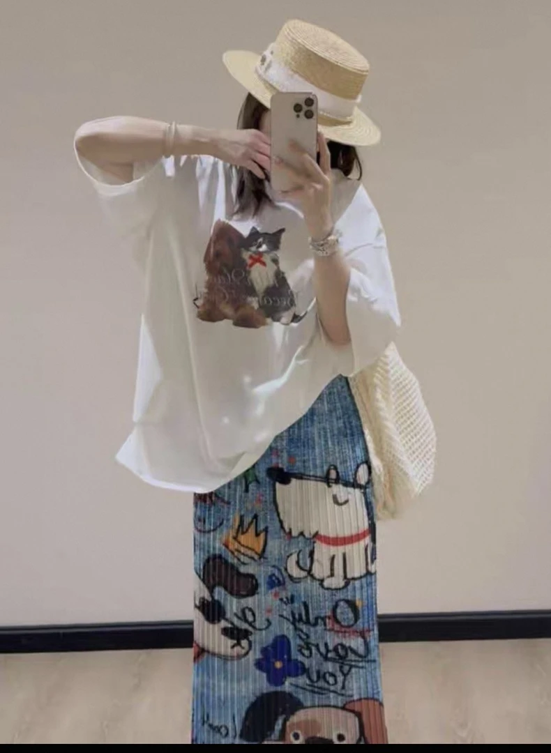 2025夏季新款欧货韩系卡通印花半袖T恤+可爱卡通压褶一步裙18951