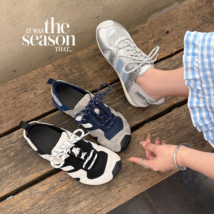 透气德训鞋女款夏季真皮不闷脚网面薄款运动休闲鞋舒适银色女鞋新