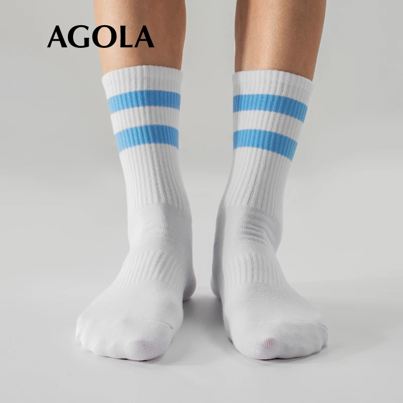 AGOLA男士条纹长筒袜四季款薄款棉抑菌透气舒适运动男士袜子白袜