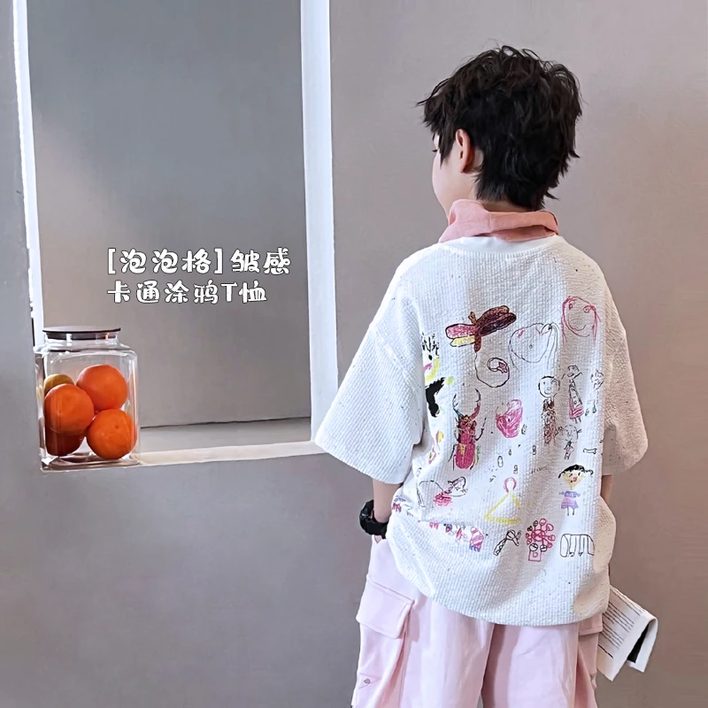 泡泡格t恤运动洋气中大童男童时尚休闲夏季薄款韩版卡通5048234O2