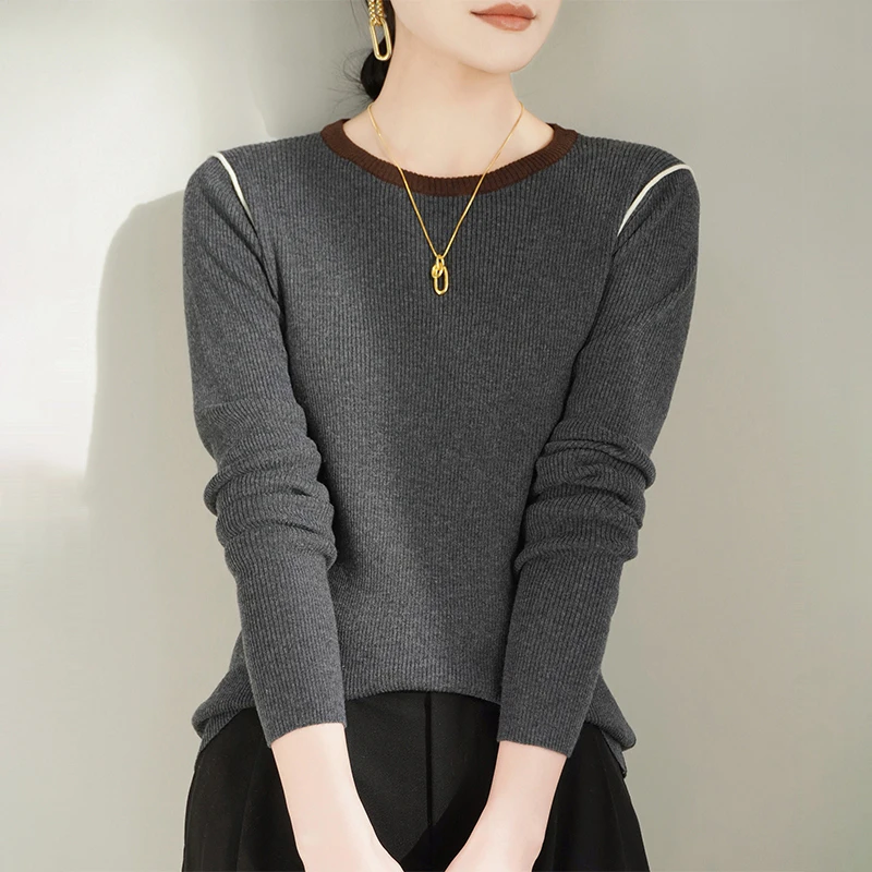 长袖毛针织衫秋季薄款针织打底纯色秋季衫宽松百搭毛衣羊毛衫圆领