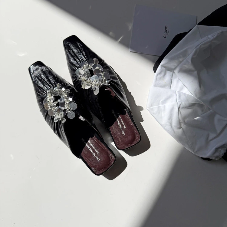 粗跟平跟亮片坡跟浅口包头包头拖百搭高跟尖头春季半拖夏季法式