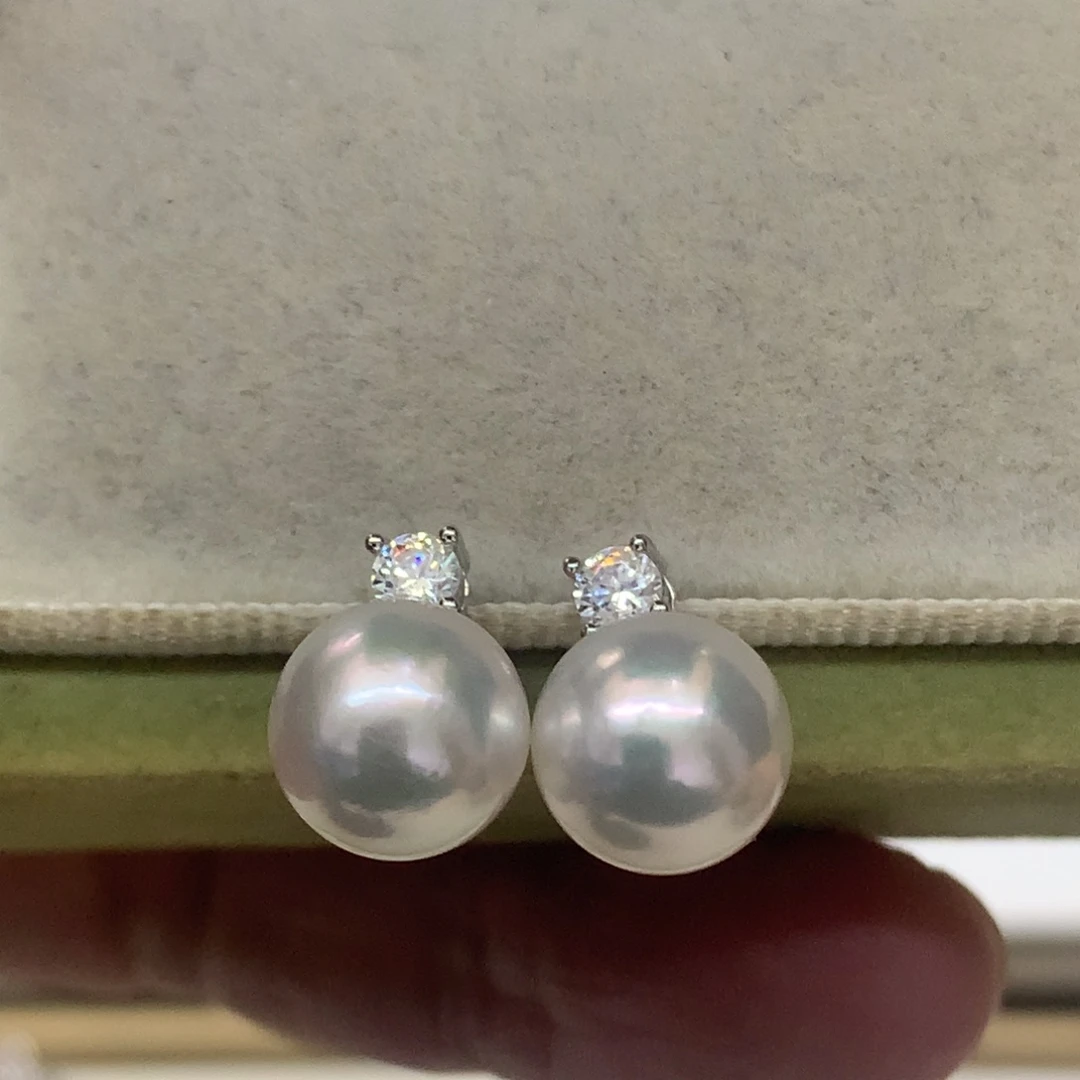 银S925镶嵌海水珍珠耳饰8-8.5akoya戴妃耳钉