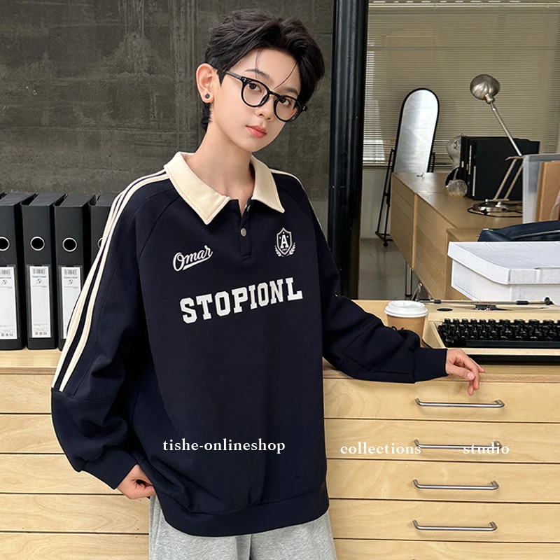 男童卫衣春秋款中大童潮牌polo衫青少年宽松打底衣大儿童炸街长袖