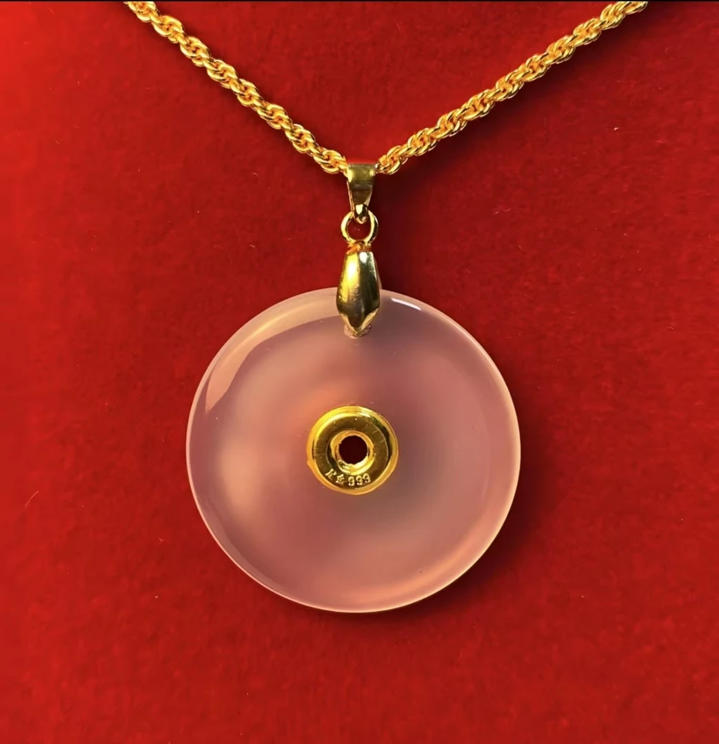 黄金真金镶嵌玉髓玉石平安扣吊坠-（赠礼盒证书-赠链子+扣头）