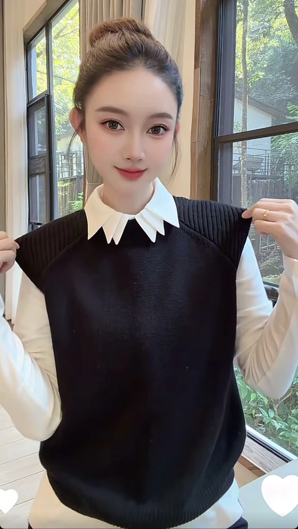 Nalian/拿恋豆子优选-不规则领长袖加绒衬衫马甲 套装   DZ99307