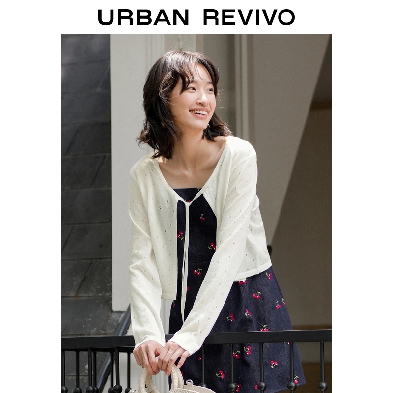 UR2025秋季新款女装休闲镂空系带超短款针织开衫UYU950111