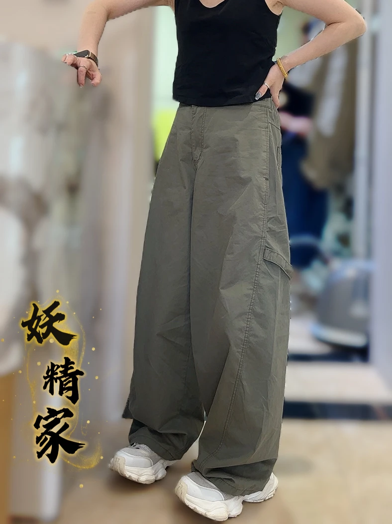 9039【妖精家】复古休闲薄款高腰工装裤女夏季冰美式显瘦高街弯刀裤