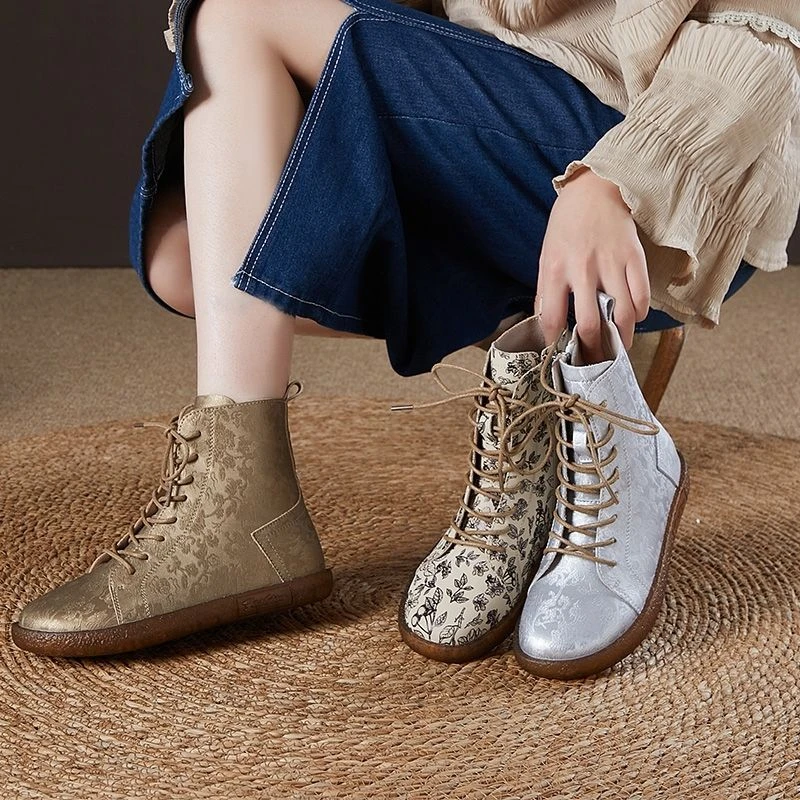 拉链民族风耐磨法式短靴黑色皮靴粗跟复古富家千金风英伦风系带