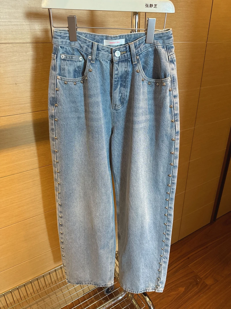 【张静芝】 韩国新品~侧面钉珠时髦洋气显瘦直筒宽松女生牛仔裤