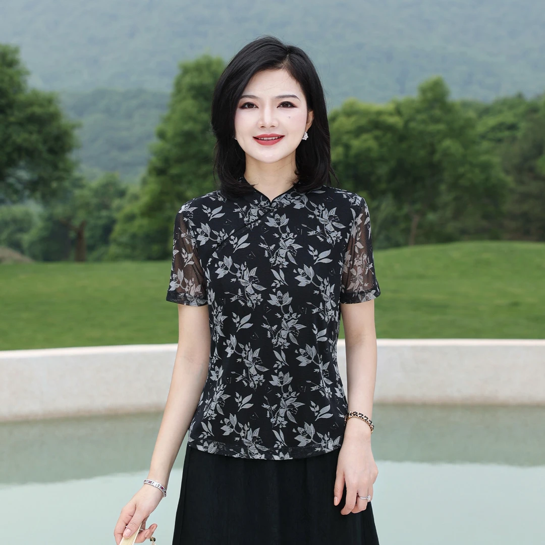 阿楠anan墨染云烟 100桑蚕丝立领盘扣国风旗袍女弹力网纱真丝衬衫