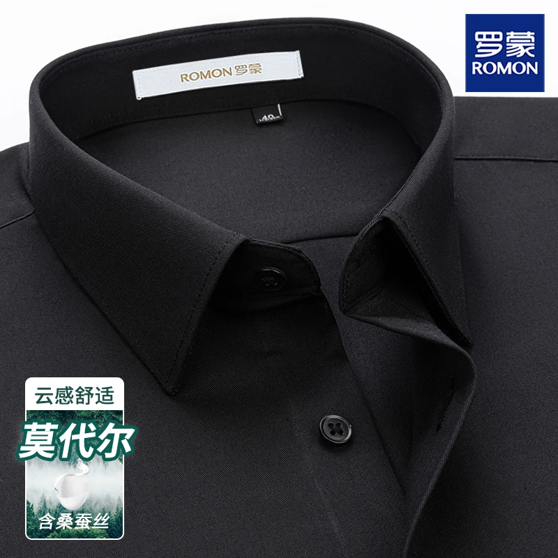 罗蒙30-40岁男士痞帅短袖黑衬衫男桑蚕丝莫代尔免烫衬衣职业男装