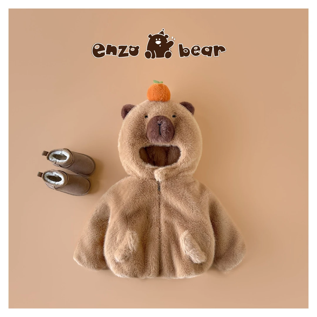 熊尔 儿童高定款连帽加绒加厚卡皮熊毛毛衣亲子外套 EZX25111