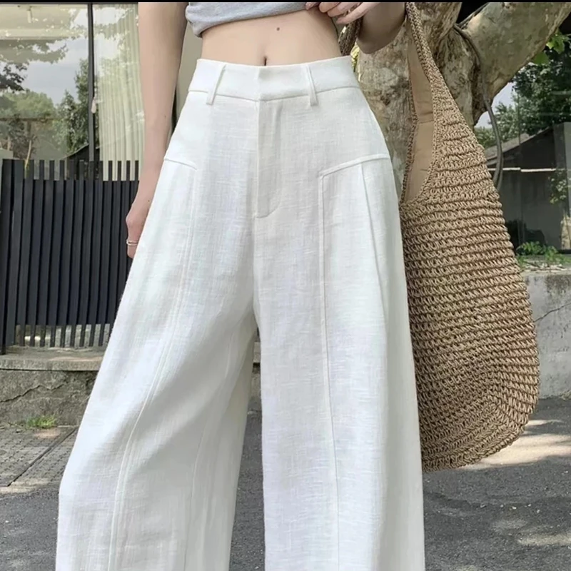 【现货+运费险】J白色苎麻阔腿女2025夏薄款高腰垂感西装亚麻