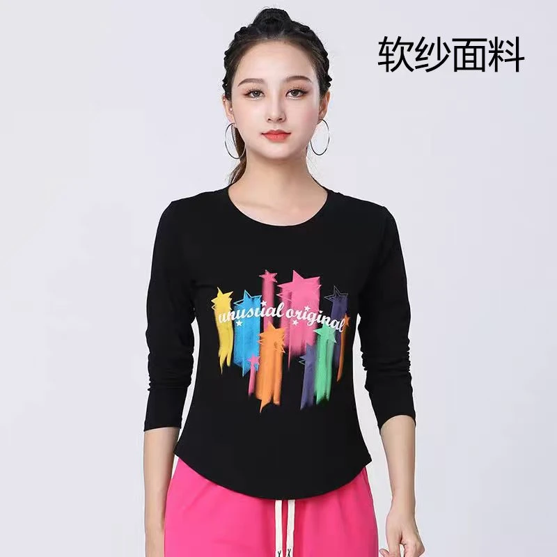 夏季双层网纱印花服装休闲时尚百搭广场舞运动圆领长短袖