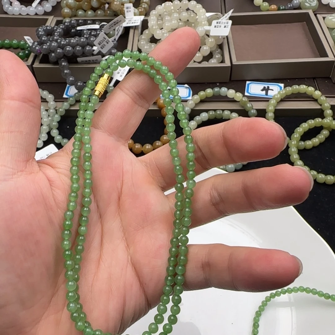 和田玉未镶嵌手链卡4正绿色无黑点小米链，33