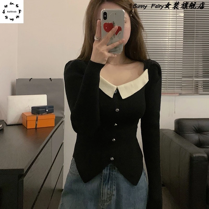 法式气质小香风套头针织衫女早春冬季新款拼色设计感短毛衣打底衫