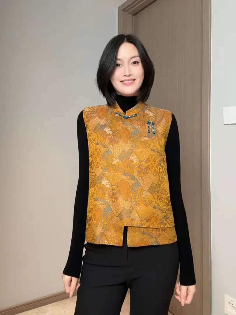 【陌上花开】复古新中式织锦提花盘扣马甲重工拼接上衣女时尚
