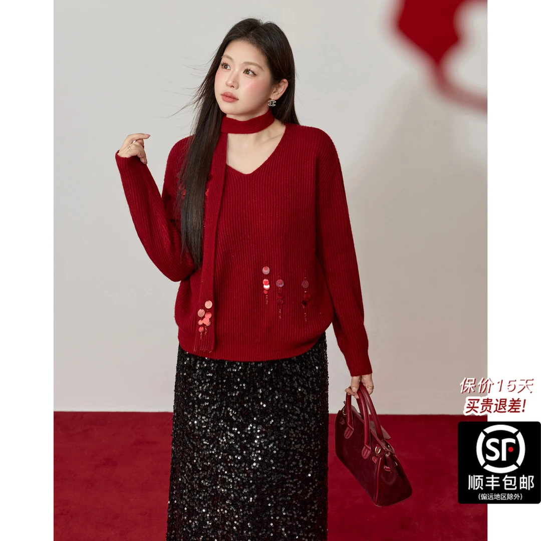 蓝语大码本命年红色加厚打底飘带毛衣冬季胖mm手工钉珠内搭针织衫