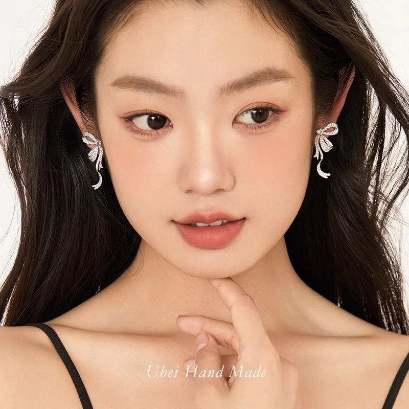 铜合金锆石耳饰 超仙气质蝴蝶结耳钉女小众设计轻奢高级感耳环