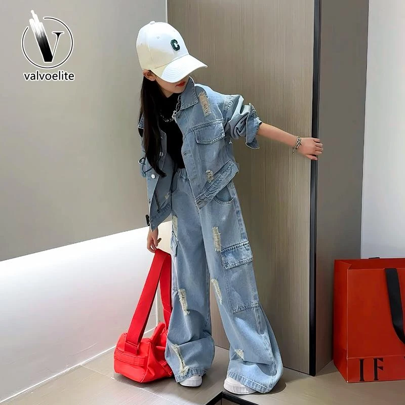 VALVOELITE女童春装2025新款洋气时髦牛仔套装韩系潮酷穿搭两件套