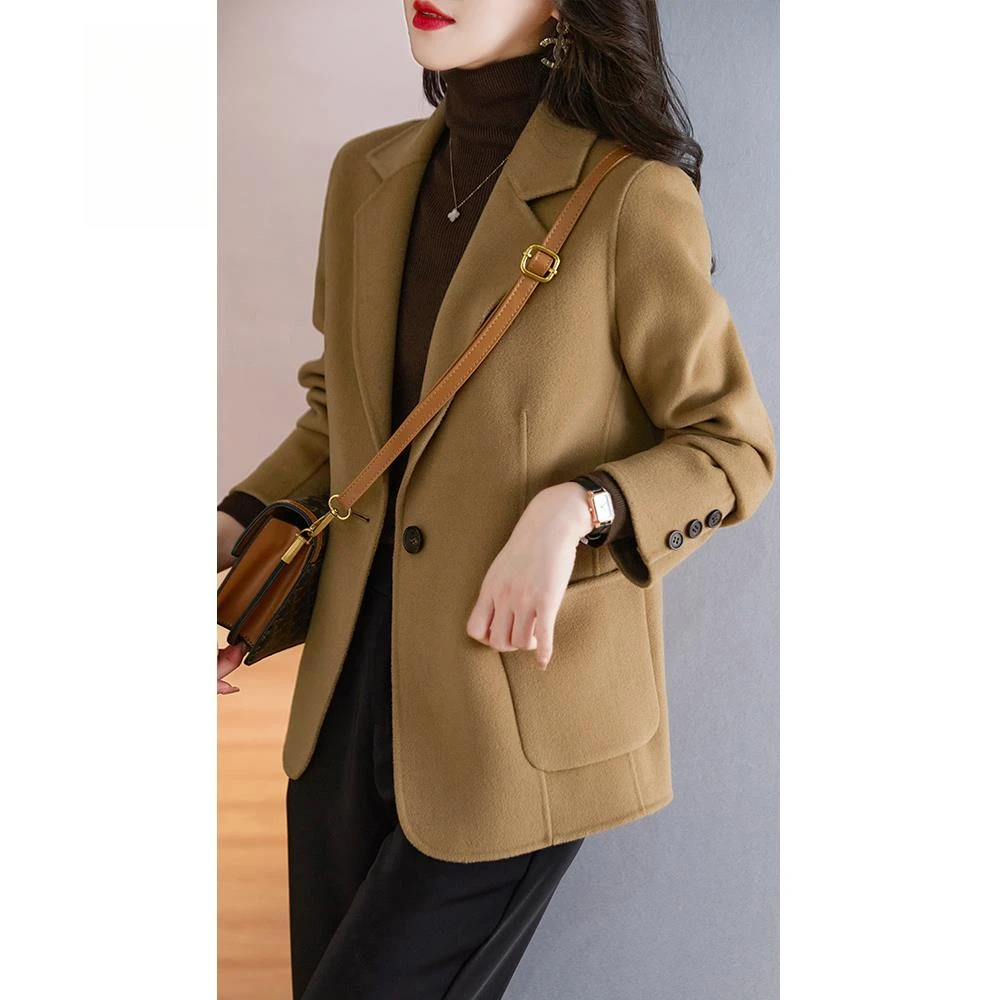 百搭驼色西装毛呢外套短款小个子高端气质秋冬新款双面羊毛绒大衣