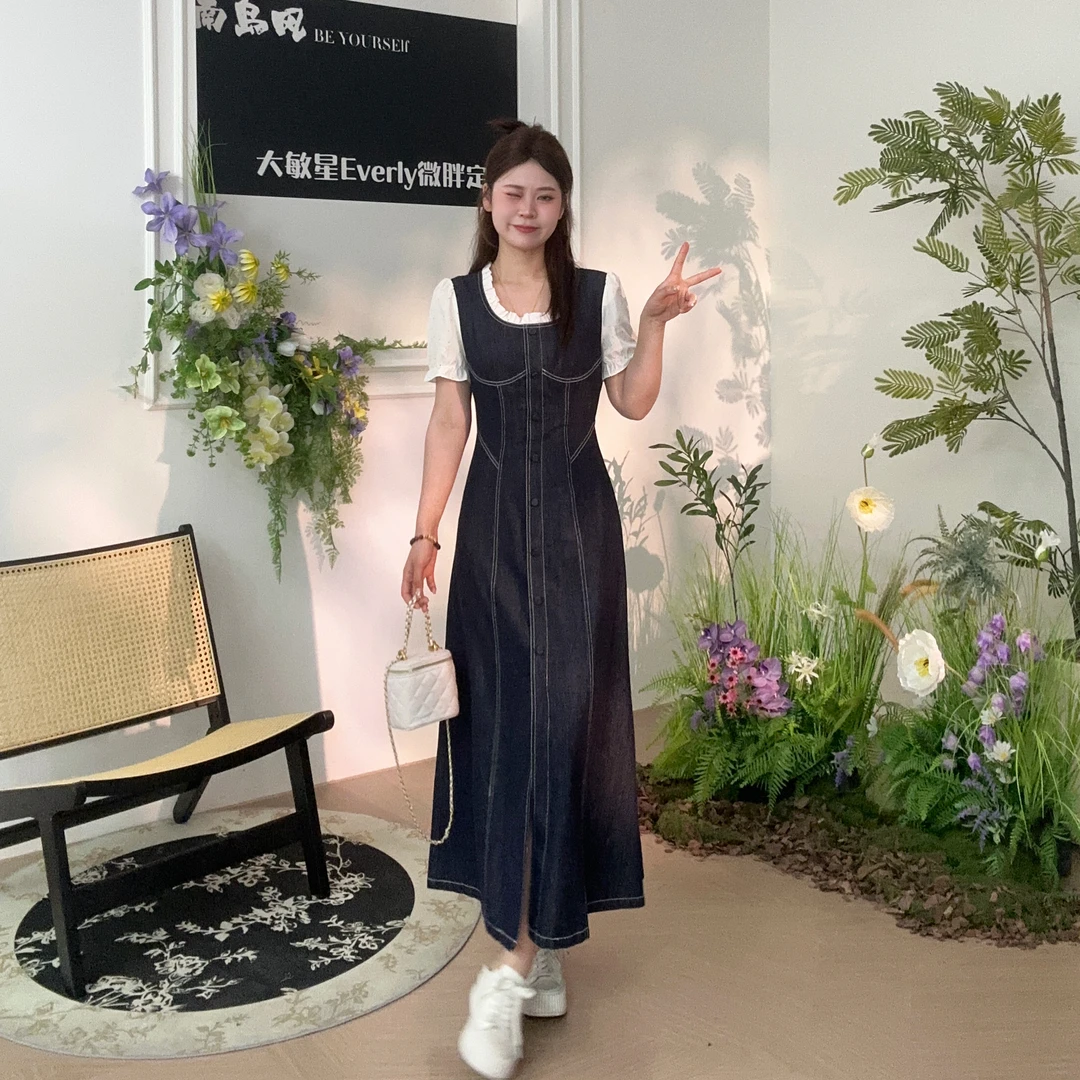 敏敏&南岛风大码女装假两件原色牛仔连衣裙夏胖mm显瘦长裙ZZM63