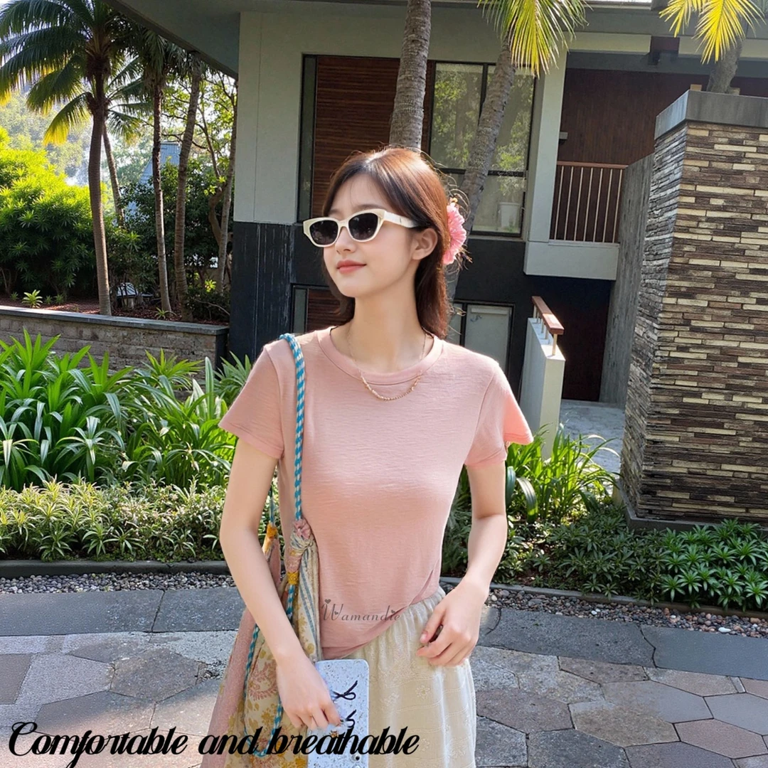 抗皱莱赛尔+亚麻透气凉感修身显瘦T恤女装减龄休闲风正肩t恤女款