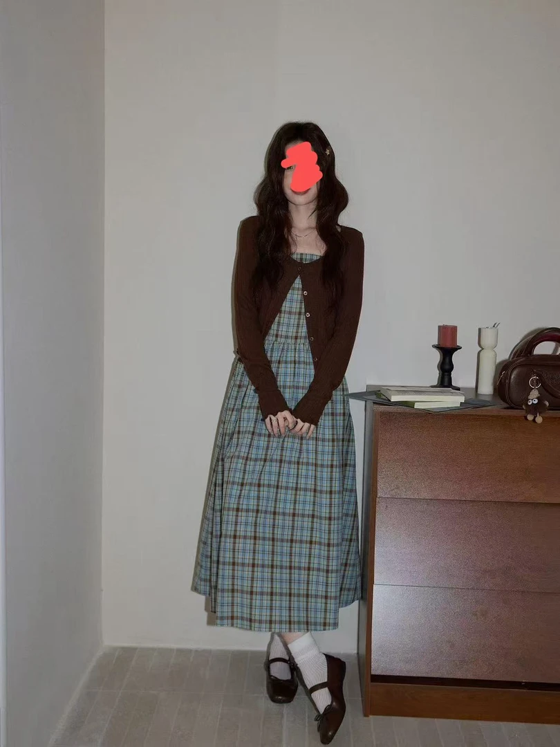 大码韩系棕色开衫气质两件套9298