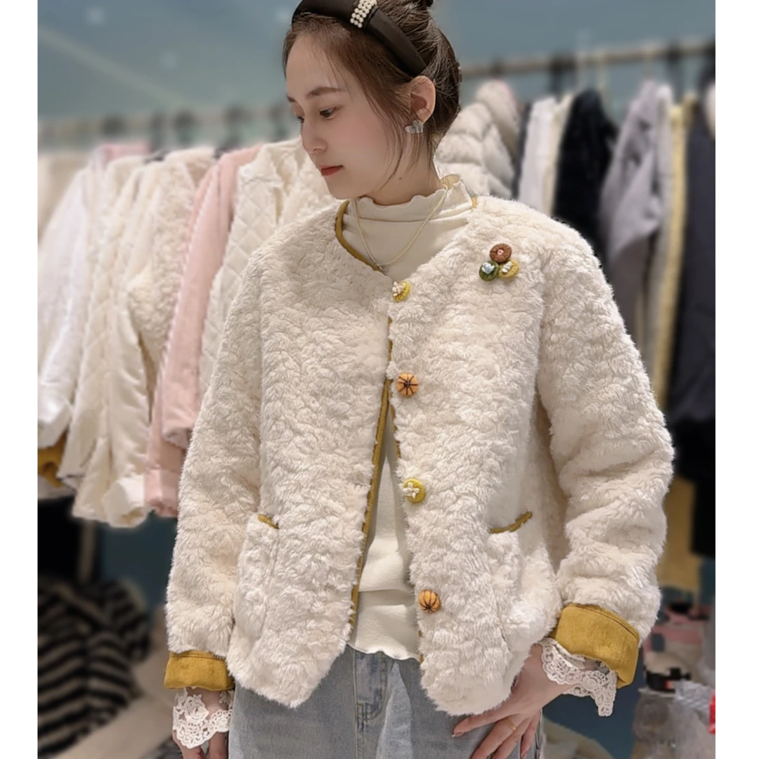 【三懿服饰】秋冬新款单排扣加绒加厚休闲保暖气质毛毛外套-2523