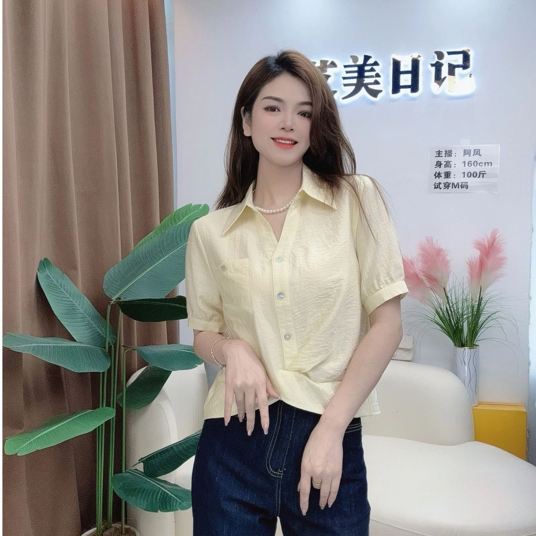 韩系时尚简约短袖衬衫女2025夏季新款洋气独特别致休闲百搭上衣潮