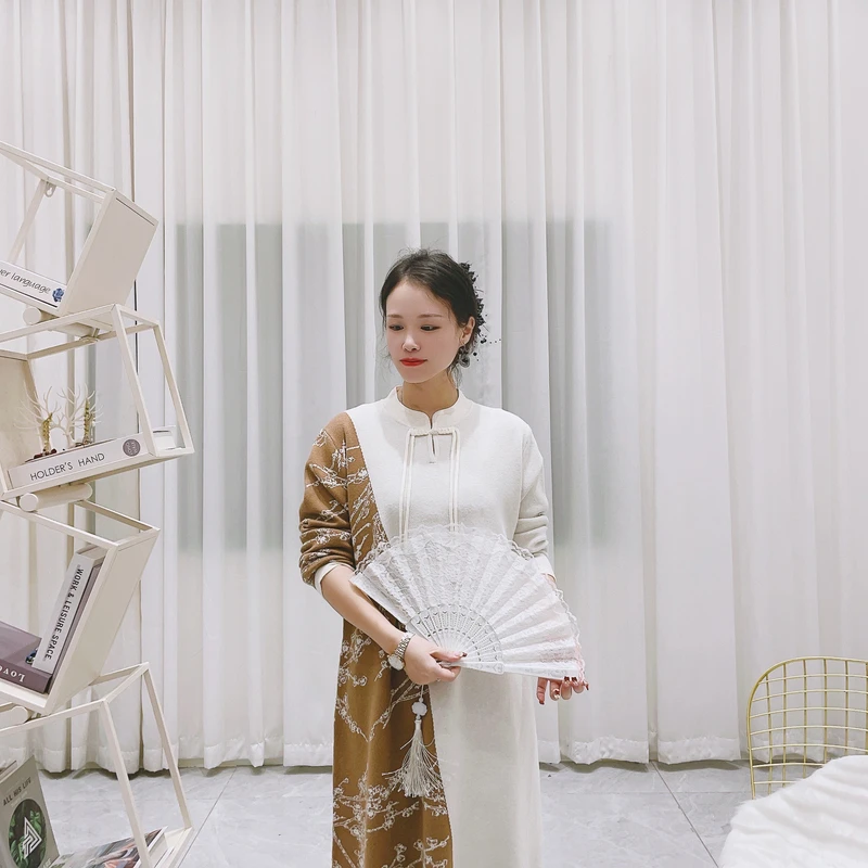 6127[绝代佳人]新中式米白双色提花秋冬连衣裙