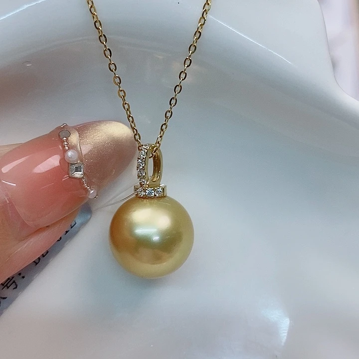 海水珍珠吊坠(不含链)18K金镶嵌南洋金珠13-14mm