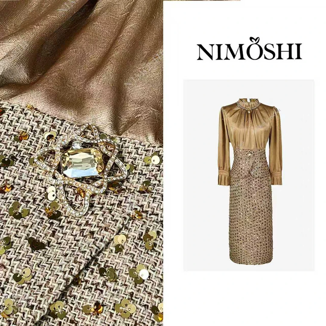 NIMOSHI【倩倩】秋季香槟金色轻钉珠亮片气质显瘦连衣裙Q2446