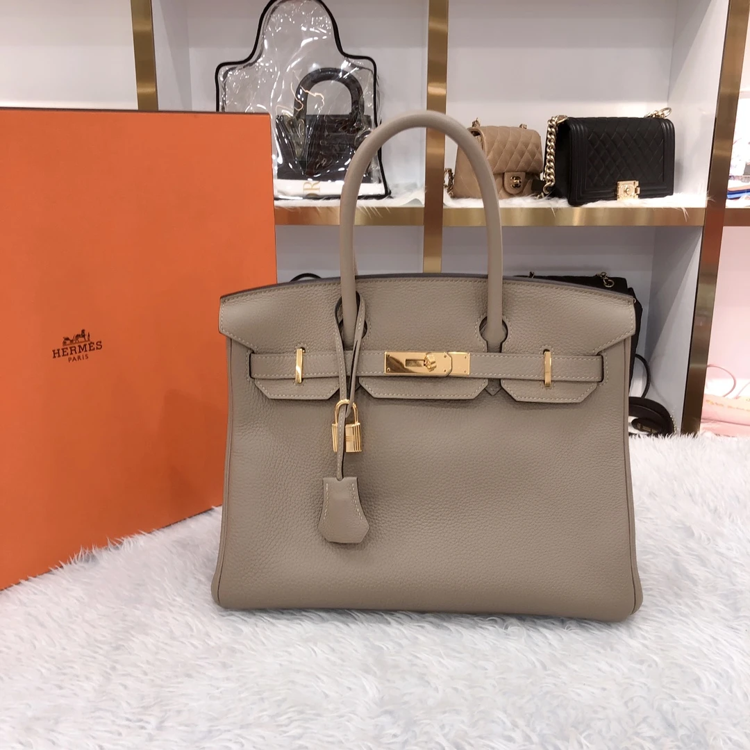 99新 Hermes/爱马仕 birkin30斑鸠灰金扣铂金包togo皮T刻