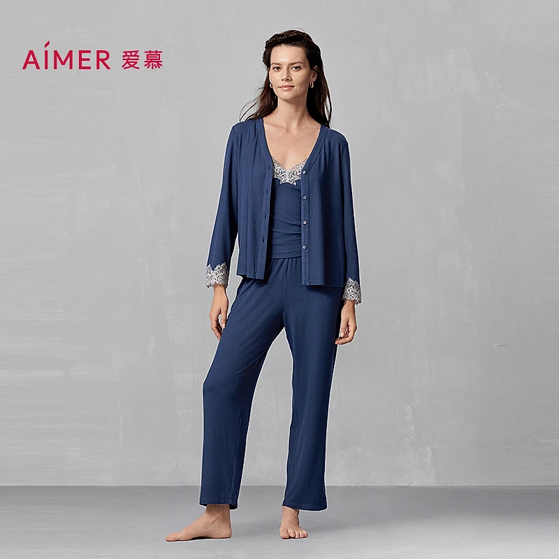 AIMER/爱慕睡美人长袖开衫带杯气质舒适九分裤三件套AM46A851