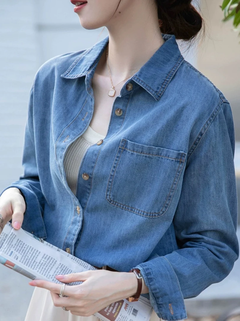 GW2002蓝色牛仔衬衫春装女新款文艺复古宽松上衣polo领衬衣