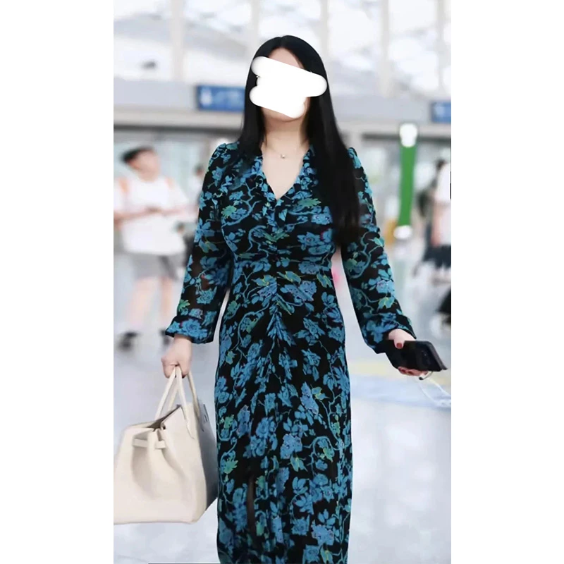 Miss Judy【不露背版本】李湘同款蓝色V领长袖碎花连衣裙