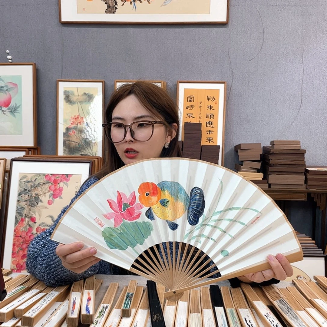 国画8寸玉竹-纯手绘-文玩扇骨（默认粘好）