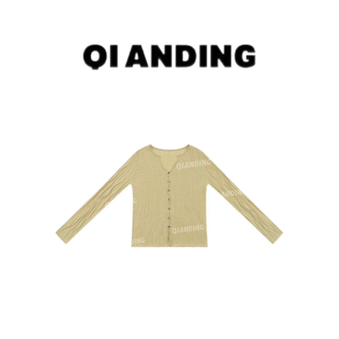 【QIANDING】【亚麻绵羊毛混纺】肌理感小V领毛织开衫251086