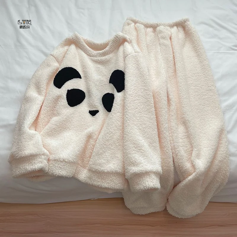 日系甜美可爱蝴蝶结加厚可外穿圆领睡衣女款秋冬季珊瑚绒家居服