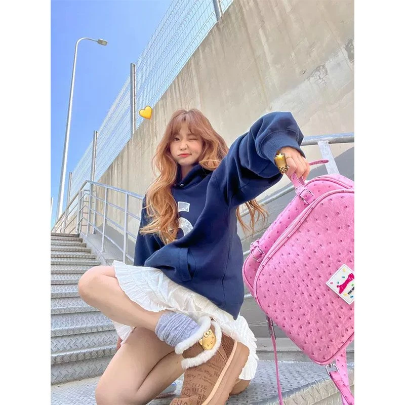 美式重磅藏青卫衣女秋冬加绒字母刺绣藏青色连帽外套宽松长袖上衣