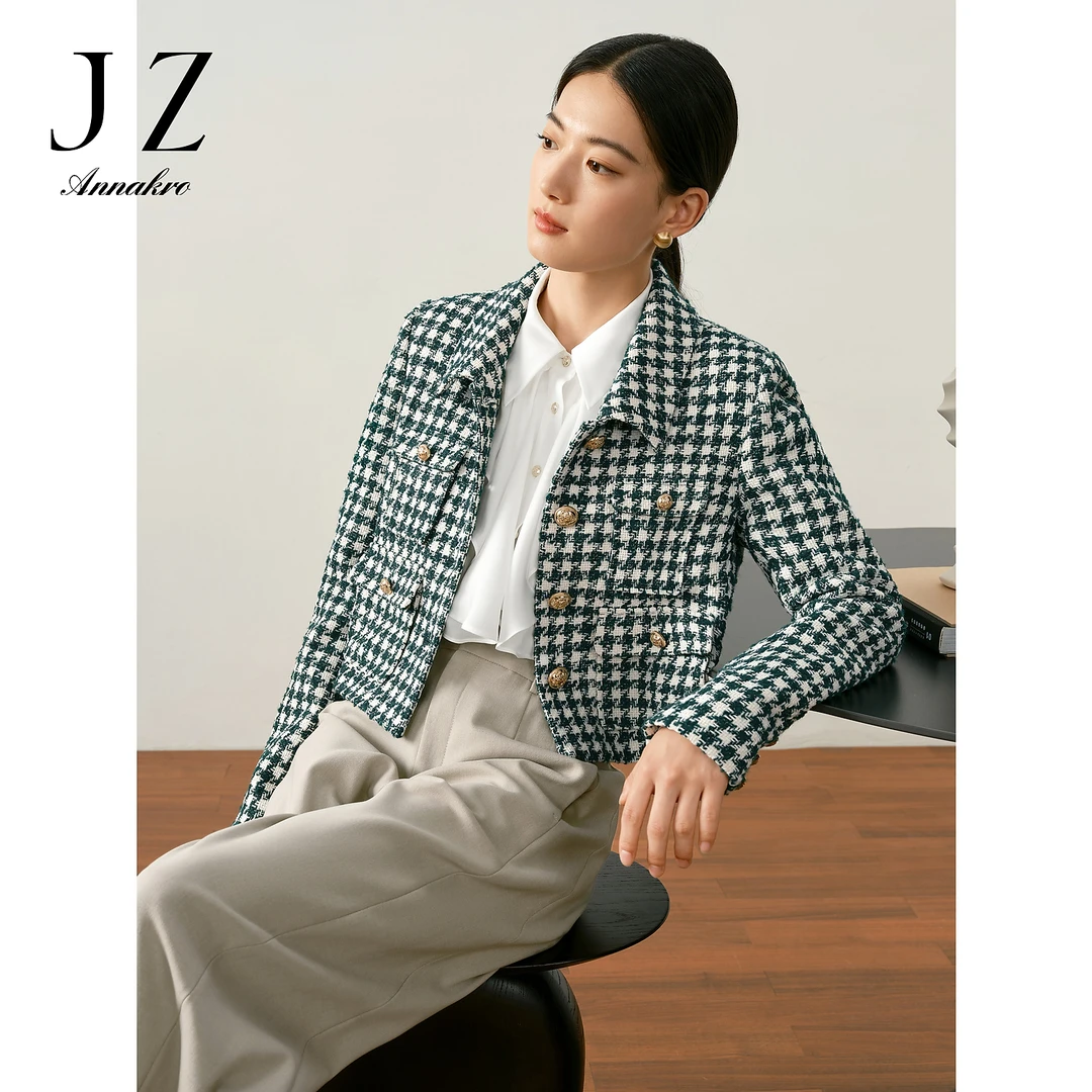 【赵老板专属】玖姿安娜蔻JTDQ40504长袖小香风格纹H型粗花呢外套女